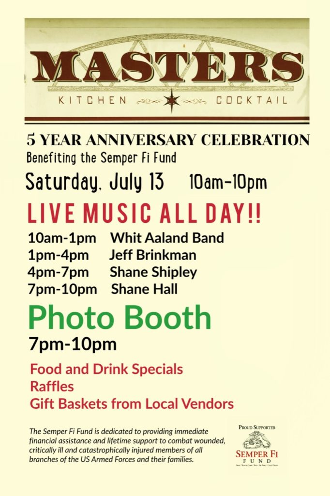 A promotional flyer for Masters Kitchen and Cocktail anniversary celebration on Saturday July 13, 2019.