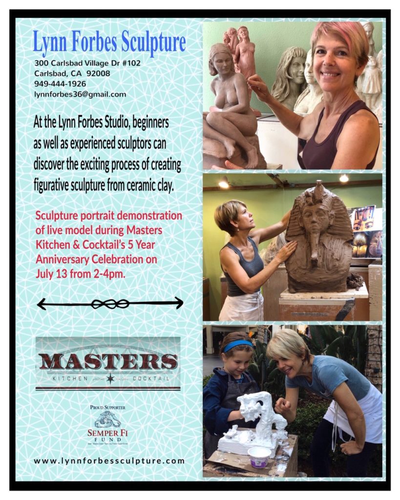 Lynn Forbes flyer for sculpture demonstrations at Masters on July 13.